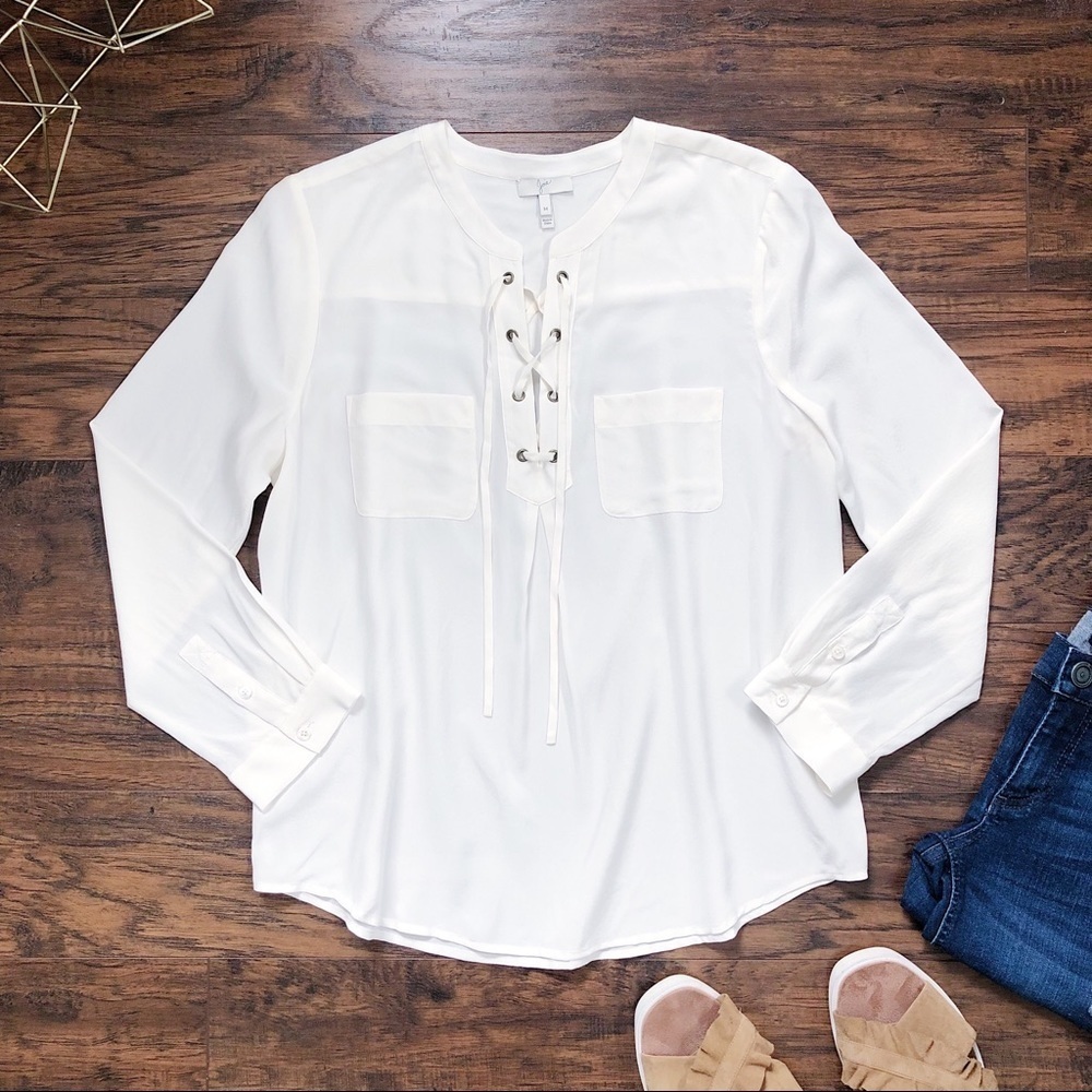 Joie Bertine Silk Blouse Cream Lace Up Popover Long Sleeve Ivory Corset